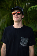 Man wearing Maui Jim red mirror sunglasses and a black pocket tee printed with Aloha shapes logo repeated