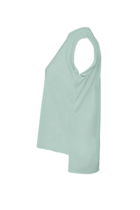 Side view of womens flowy muscle tee showing high front hem and low back hem
