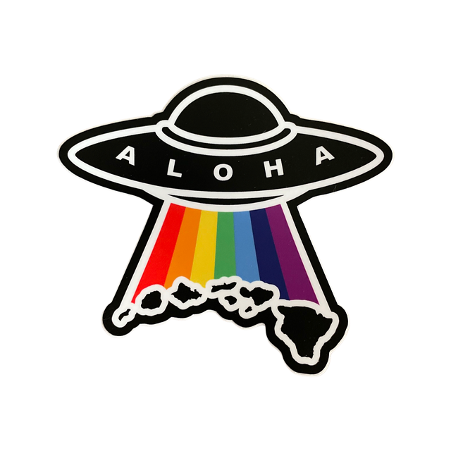 Sticker designed on Maui Hawaii of a UFO with a rainbow coming out below carrying Hawaiian islands