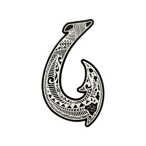 Sticker designed on Maui Hawaii of a fish hook containing tribal patterns and the Hawaiian Islands