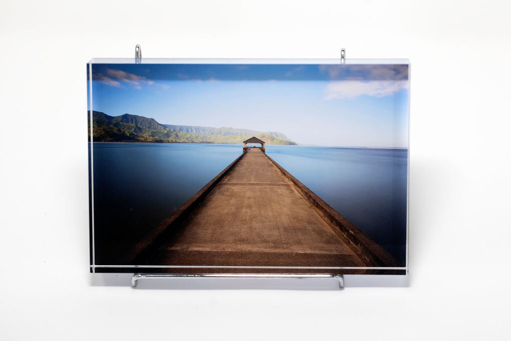 Stu Soley fine art acrylic photo block showing the pier at Hanalei Bay in Kauai, Hawaii