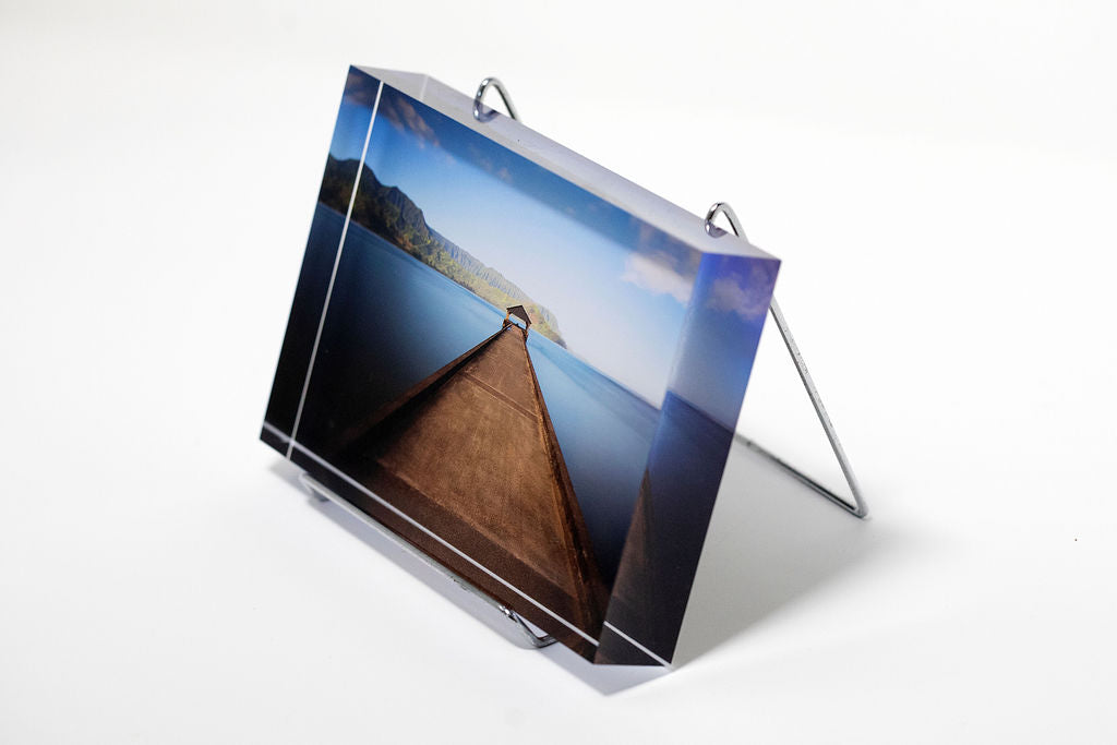 Stu Soley fine art acrylic photo block showing the pier at Hanalei Bay in Kauai, Hawaii