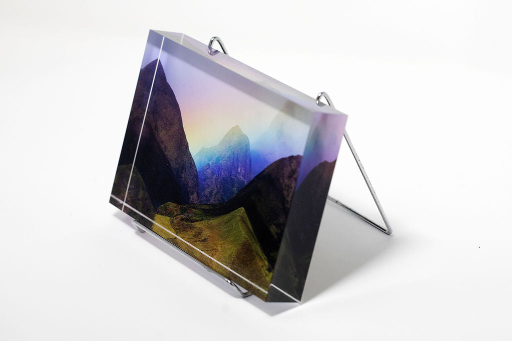 Stu Soley fine art acrylic block showing a rainbow spanning a tropical valley in Maui Hawaii
