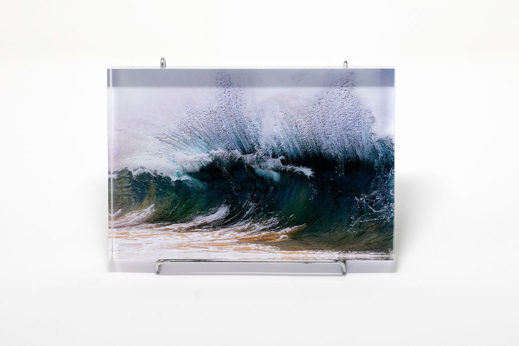 Stu Soley fine art acrylic photo block with a giant wave exploding taken at Makena in Maui, Hawaii