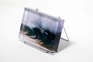 Stu Soley fine art acrylic photo block with a giant wave exploding taken at Makena in Maui, Hawaii