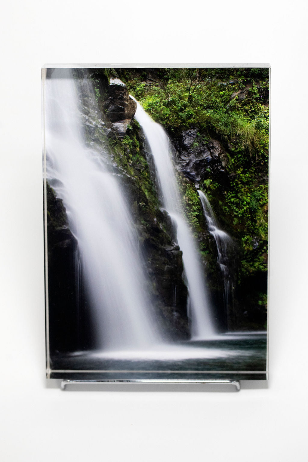 Stu Soley fine art acrylic photo block showing a group of waterfalls along the Road to Hana in Maui Hawaii