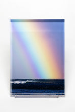 Stu Soley fine art acrylic photo block showing a giant rainbow over the Pacific ocean in Maui Hawaii