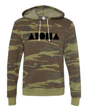 Camouflage print adult pullover hoodie hand screen printed on front chest with Aloha Shapes® logo in black