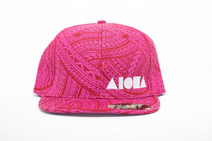 Adult flat brim snapback with pink and red Polynesian tribal patterns all over. Embroidered with white Aloha Shapes logo