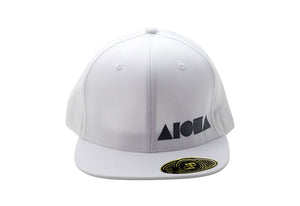 White adult flat brim snapback hat embroidered with grey Aloha Shapes ® logo