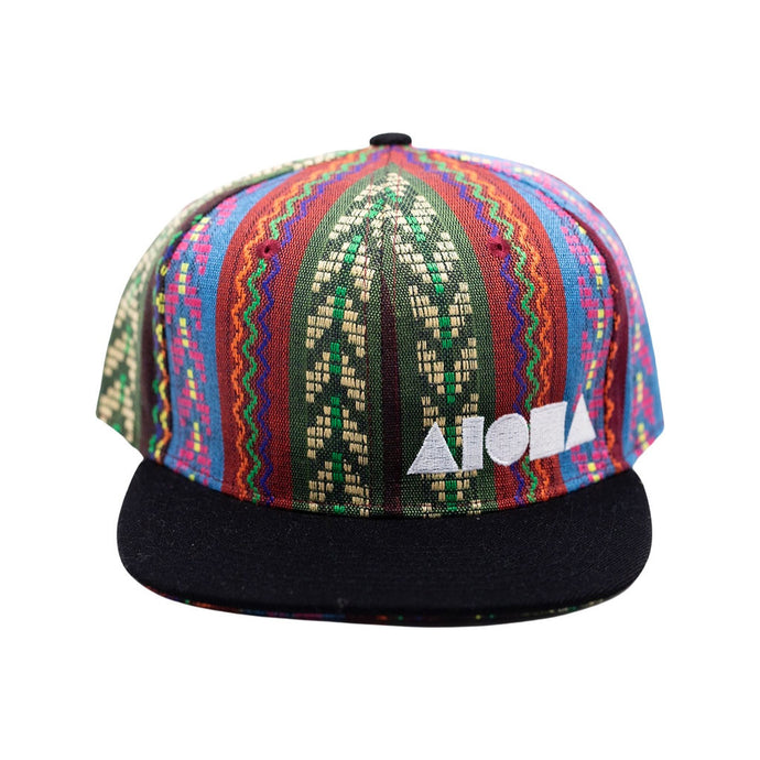 Adult flat brim snapback with striped/chevron  woven fabric and silver Aloha Shapes embroidered logo. Designed on Maui Hawaii