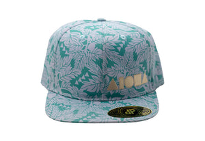 Blue breadfruit tree print on adult flat brim snapback hat embroidered with gold Aloha Shapes® logo
