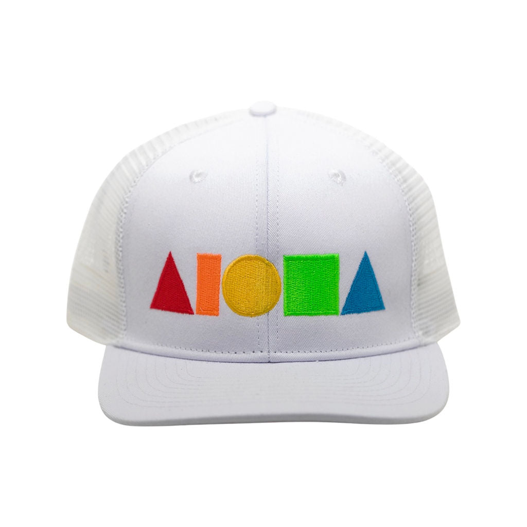 White canvas mesh back flat brim adult snapback hat embroidered in Maui Hawaii with large Rainbow Aloha Shapes® logo