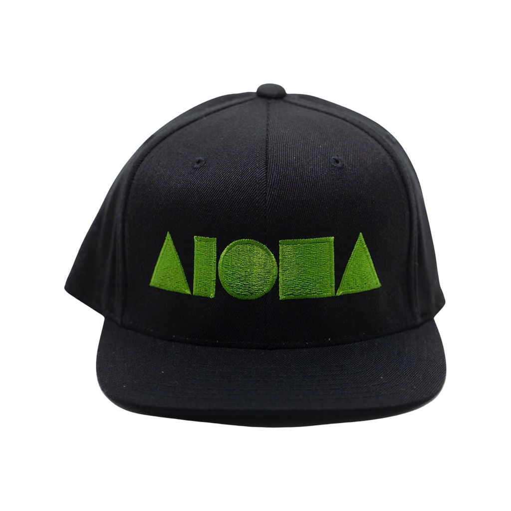 Black adult flatbrim snapback hat embroidered with large green Aloha Shapes® logo