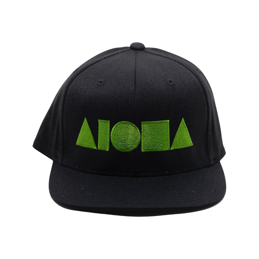 Black adult flatbrim snapback hat embroidered with large green Aloha Shapes® logo