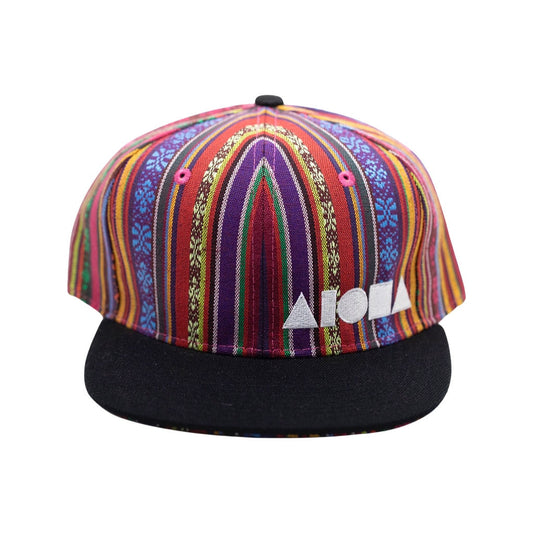 Adult flat brim snapback designed in Maui Hawaii. Multi colored Guatemalan fabric with black brim