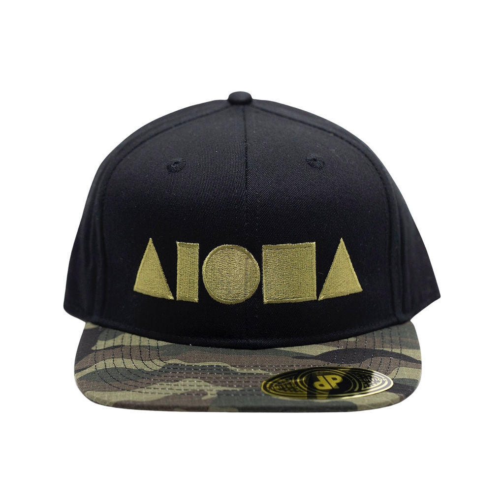 Black adult flat brim snapback hat embroidered with large olive green Aloha Shapes ® logo and a camo brim