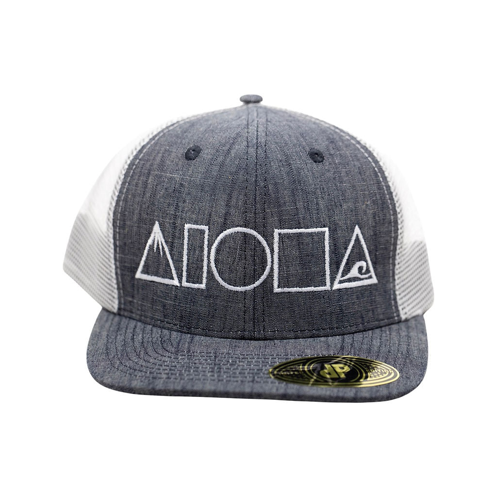 grey denim adult snapback hat with white mesh back panels embroidered with Mauka to Makai Aloha Shapes logo in white