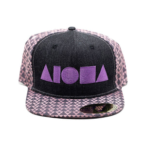 Pink and black triangle pattern fabric adult flatbed snapback embroidered with large purple Aloha Shapes® logo