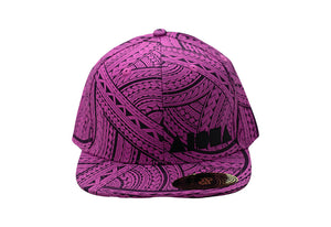 Adult flat brim snapback with pink and black Polynesian tribal patterns all over. Embroidered with black Aloha Shapes logo