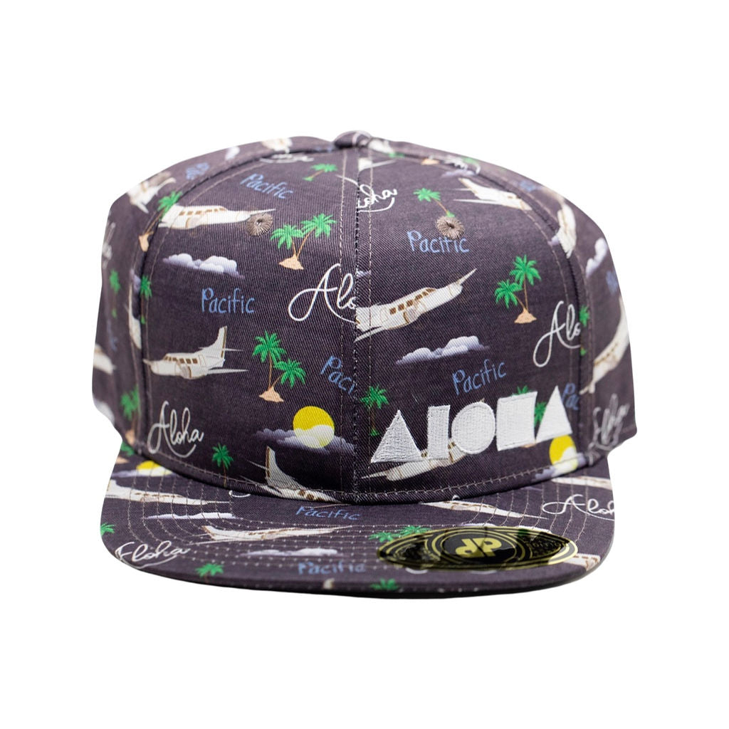 Black adult flat brim snapback hat designed on Maui Hawaii printed with airplanes, palm trees and the words Aloha and Pacific