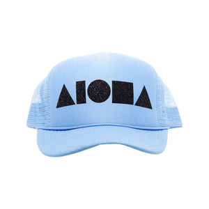 Baby blue adult trucker hat with Aloha Shapes® logo printed in black sparkles