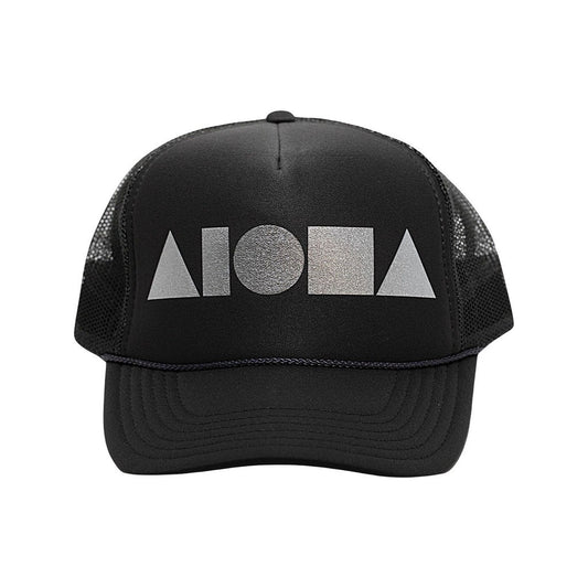 Black adult foam trucker hat foil printed with silver Aloha Shapes® logo on front
