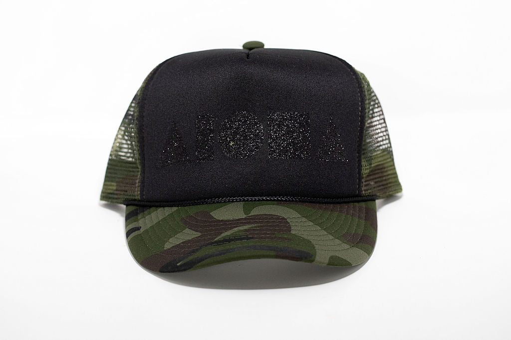 Camo print adult foam trucker hat foil printed with black sparkle Aloha Shapes logo