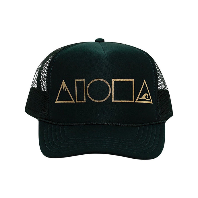 Forest green adult trucker hat foil printed with gold Mauka to Makai Aloha Shapes® logo on front. 