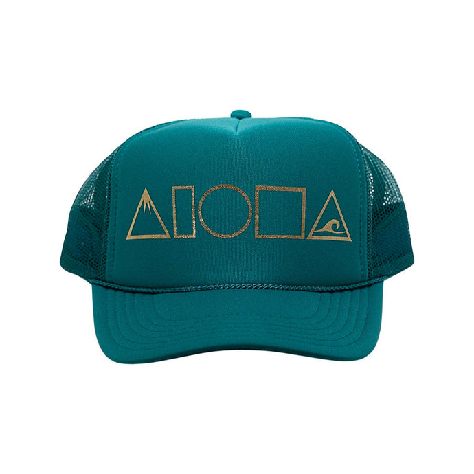 Jade green adult foam trucker hat printed with gold Mauka to Makai Aloha Shapes® logo on front