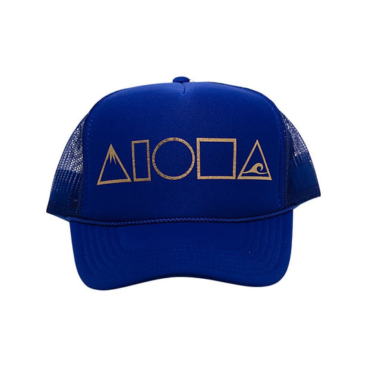 Royal blue adult foam trucker hat foil printed with gold Mauka to Makai Aloha SHapes® logo on front