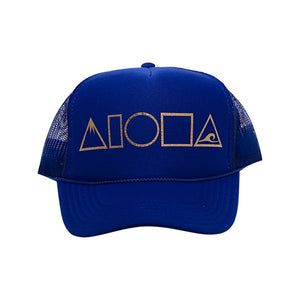 Royal blue adult foam trucker hat foil printed with gold Mauka to Makai Aloha SHapes® logo on front