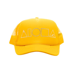 Yellow adult trucker hat foil printed with metallic gold Mauka to Makai Aloha shapes® logo