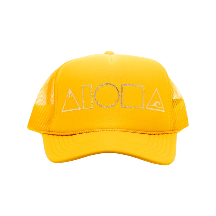 Yellow adult trucker hat foil printed with metallic gold Mauka to Makai Aloha shapes® logo