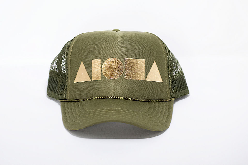 Olive green adult foam trucker hat foil printed with metallic gold Aloha Shapes logo