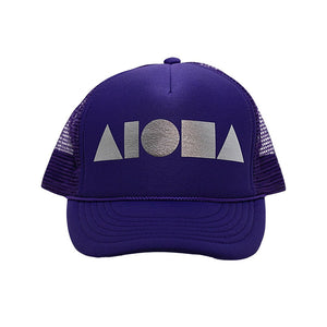 Purple adult foam trucker hat foil printed with metallic silver Aloha Shapes® logo on front