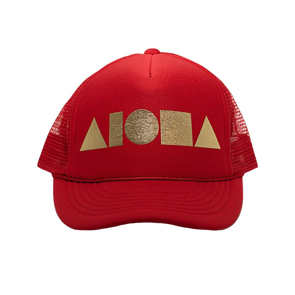 Red adult foam trucker hat foil printed on front with metallic gold Aloha Shapes®
