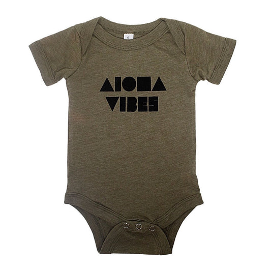 Olive green triblend baby onesies hand screenprinted on front with Aloha Vibes Shapes® logo in black. Designed in Maui Hawaii