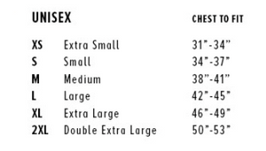 Unisex hoodie size chart