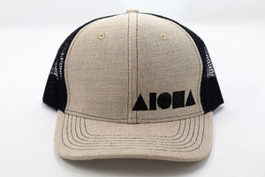 Adult curved bill snapback with safari helmet style cloth on front panels and black back mesh panels. Embroidered in Maui Hawaii with black Aloha Shapes logo