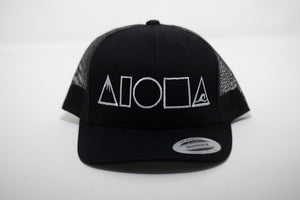 Black adult curved bill mesh back snapback embroidered on front with Mauka to Makai Aloha Shapes logo