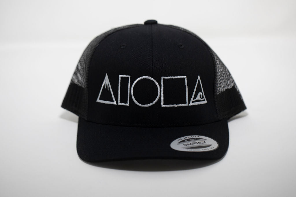 Black adult curved bill mesh back snapback embroidered on front with Mauka to Makai Aloha Shapes logo
