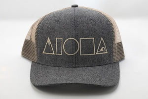 Grey denim curved bill snapback hat with tan mesh back panels embroidered in Maui Hawaii with Mauka to Makai Aloha Shapes logo in tan