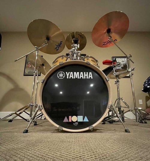 Drumset with our Pastel Paradise Aloha Shapes decal sticker on the bass drum