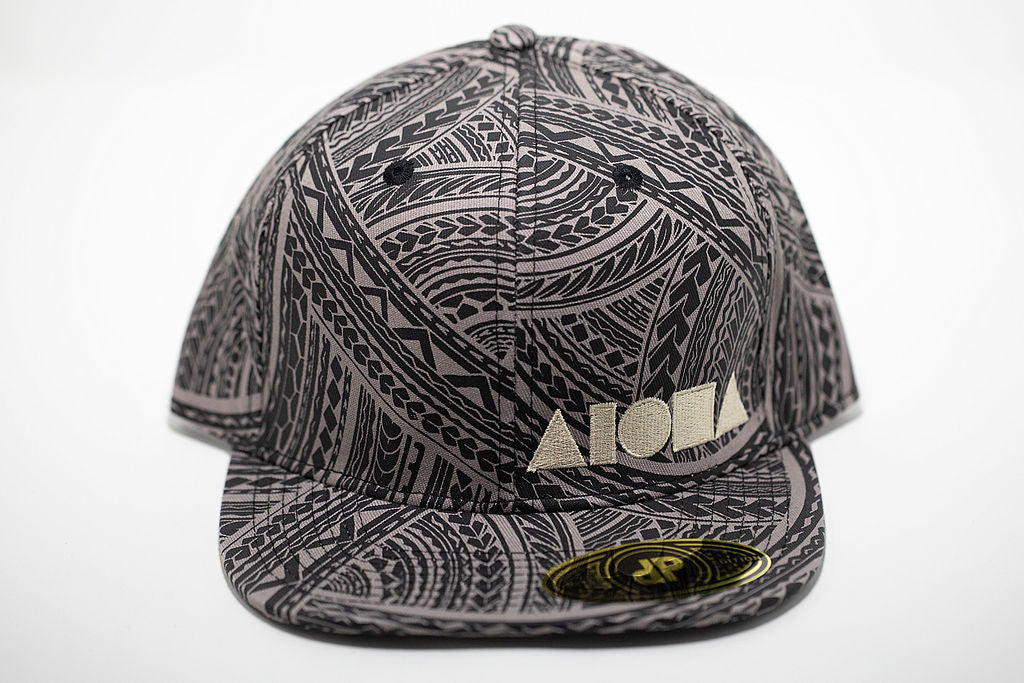Grey and black tribal tattoo pattern adult flat brim snapback hat embroidered with gold Aloha Shapes ® logo