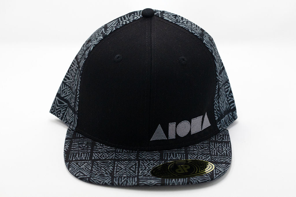 Black & Grey tribal pattern adult flatbrim snapback hat embroidered in Maui Hawaii with grey Aloha Shapes logo