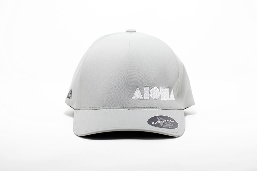 Delta Flexfit adult hat in light grey embroidered with Aloha Shapes® logo in white
