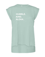 Mint green womens flowy muscle tee printed on front with words Humble Kind Aloha in white