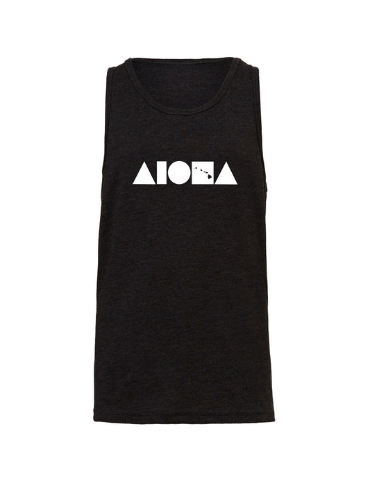 Unisex youth tank in dark grey heather screenprinted with our Aloha Island Shapes logo in white