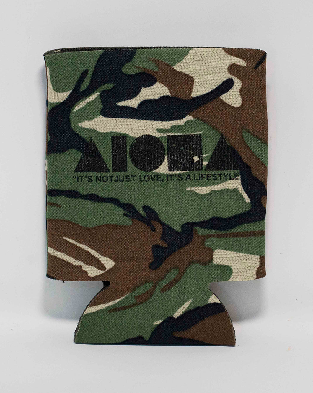 Camouflage Aloha Shapes ® logo koozie with tagline below 